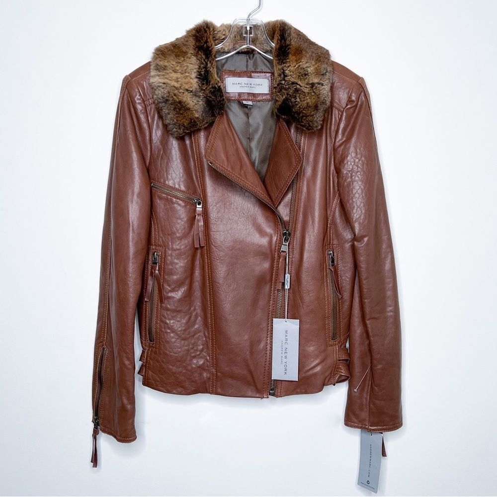 Andrew Marc New York Brown Leather Jacket with Fur Collar-NEW!